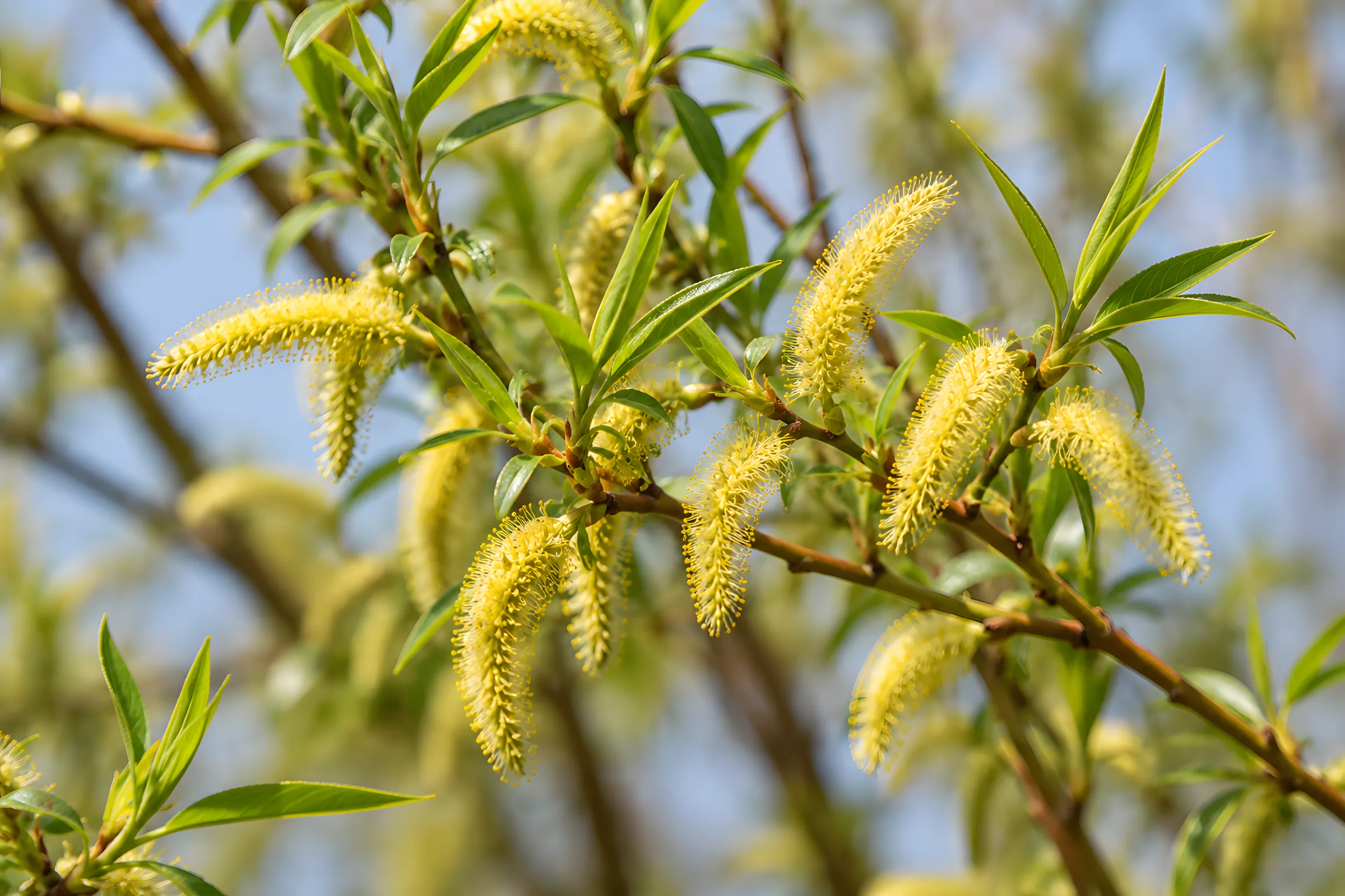 Gelbliche Weidenkätzchen an schlanken Zweigen im Frühlingslicht, die Bachblüte Willow.