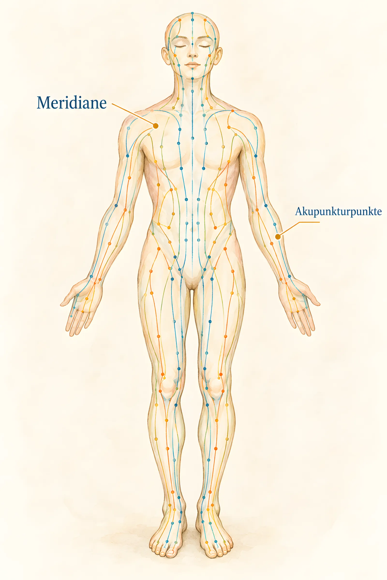 Illustration einer stehenden Figur mit dem Verlauf einiger Meridiane; beschriftet sind Meridiane und Akupunkturpunkte.