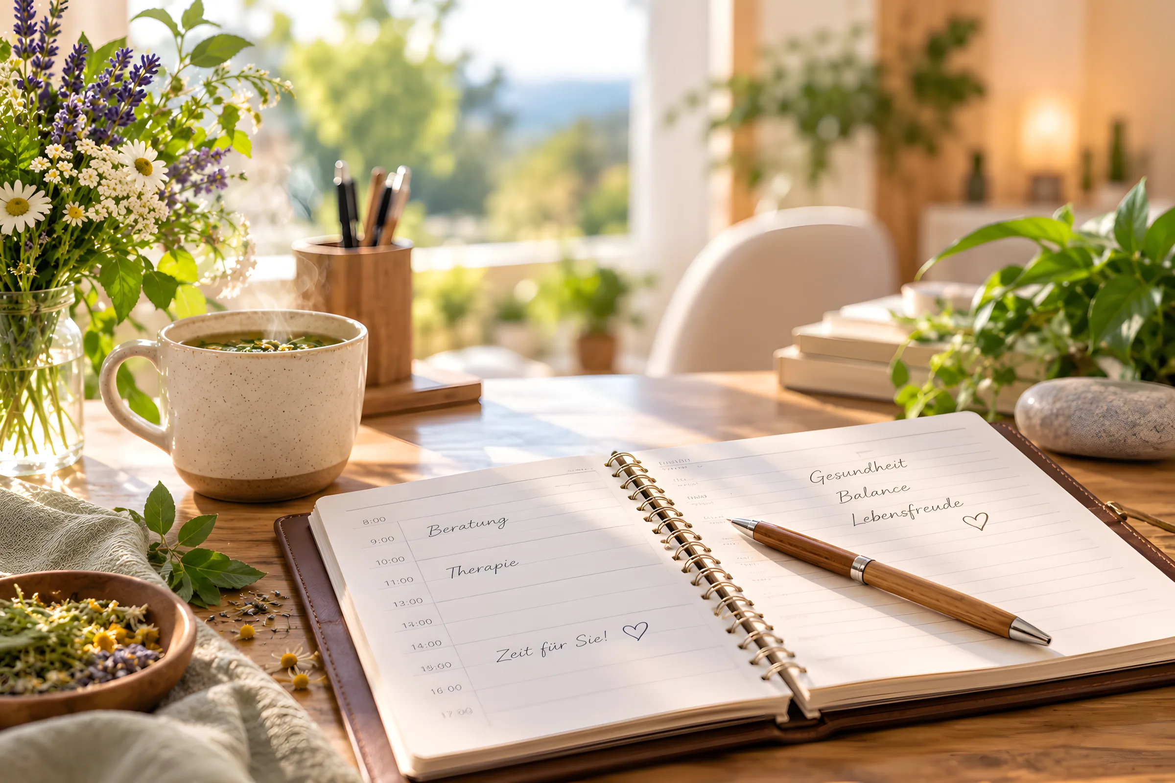 Heller Praxisschreibtisch mit aufgeschlagenem Terminkalender, Stift, einer Tasse Kräutertee und frischen Blumen im warmen Tageslicht.