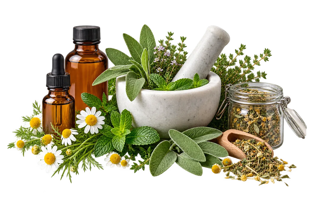 Ein Mörser mit frischen Kräutern, braune Apothekerfläschchen, getrocknete Kräuter, Kamillenblüten und Salbeiblätter.