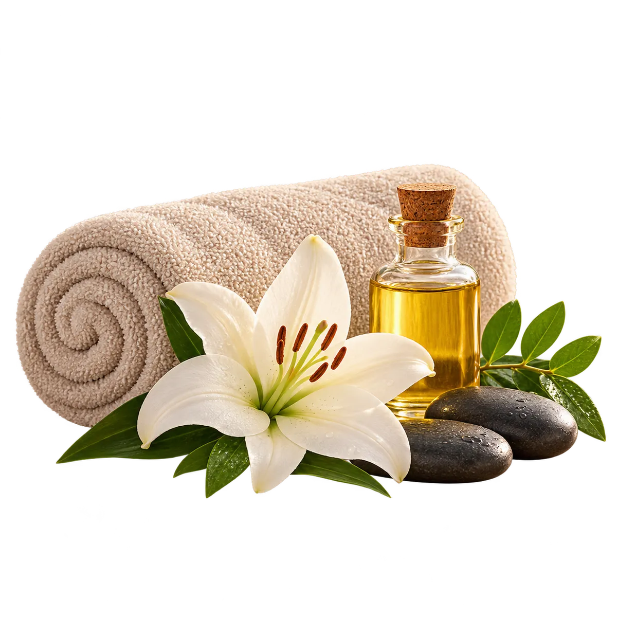 Ein Handtuch, eine Blüte, Massageöl, Blätter und Steine.