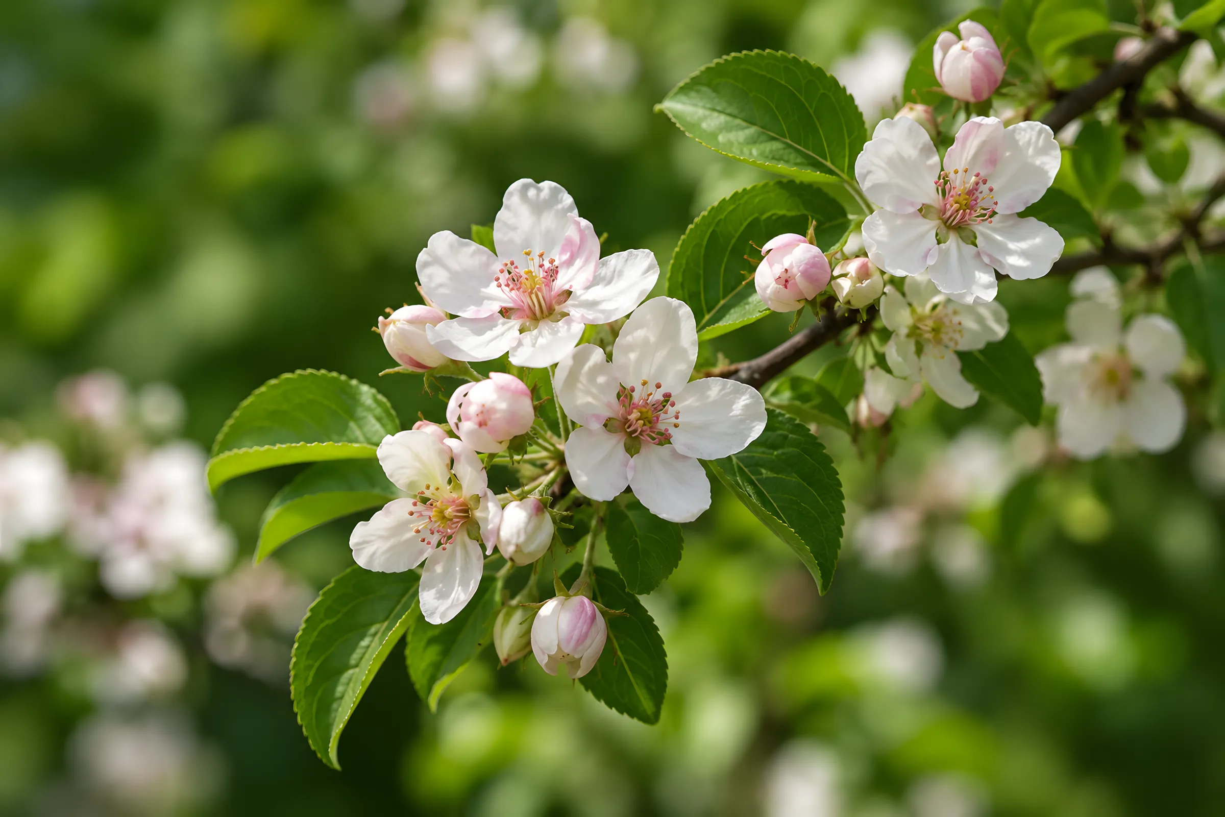 Zarte weiß-rosa Blüten des Holzapfels an einem Zweig mit grünen Blättern, die Bachblüte Crab Apple.