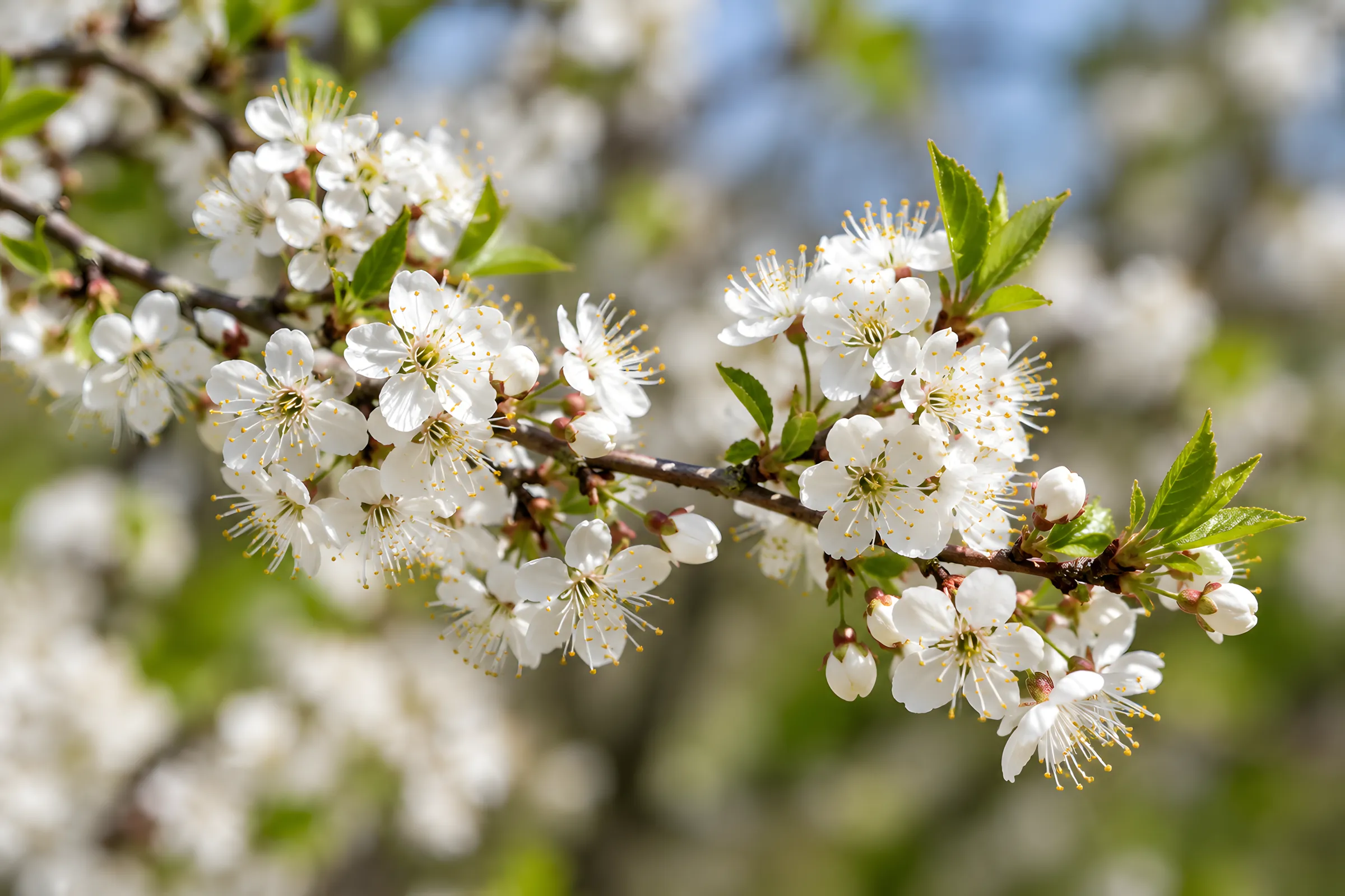 Weiße Blüten der Kirschpflaume an einem dunklen Zweig im Frühlingslicht, die Bachblüte Cherry Plum.