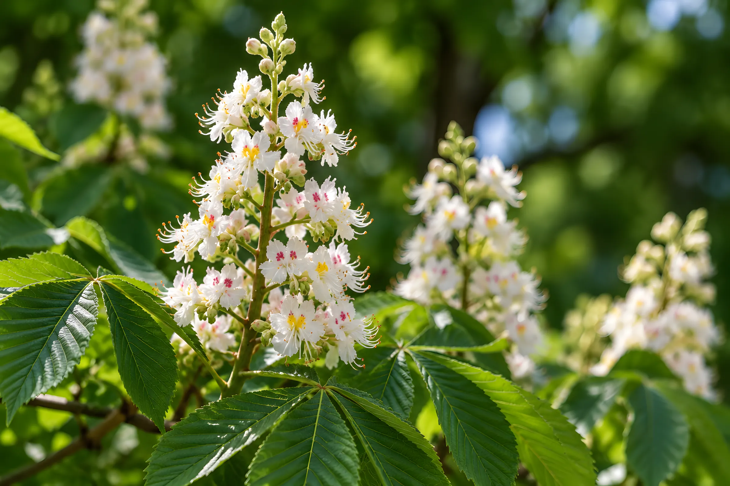 Weiße Blüten der Kastanie an einem grünen Baum, die Bachblüte White Chestnut.