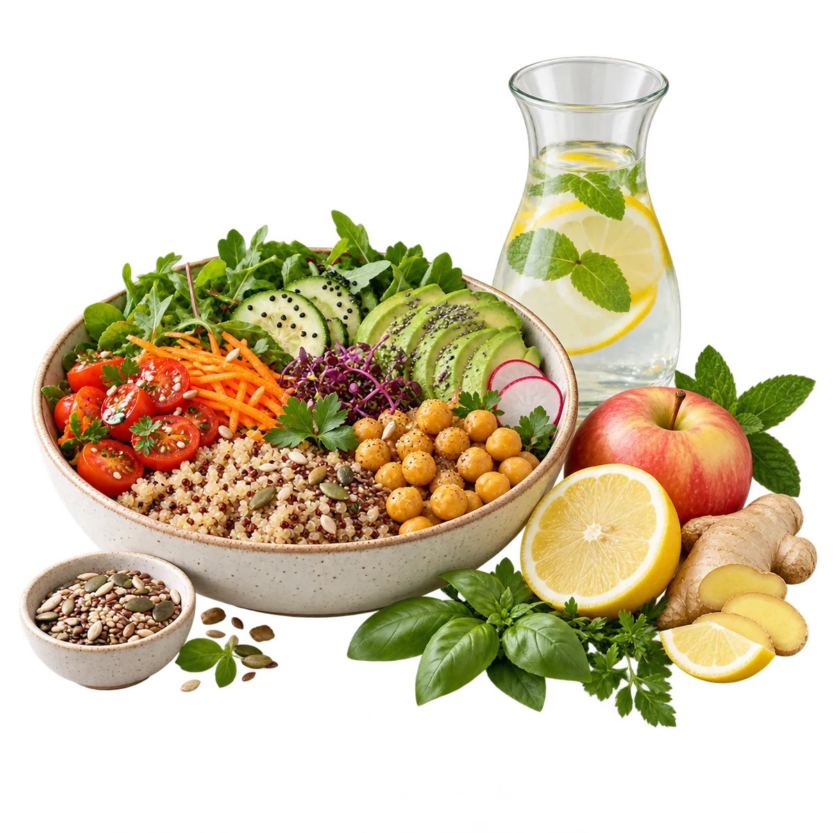 Eine Mahlzeit aus Lachs, Gemüse und Getreide, dazu frisches Obst, Zitronenwasser und ein Ernährungsplan.