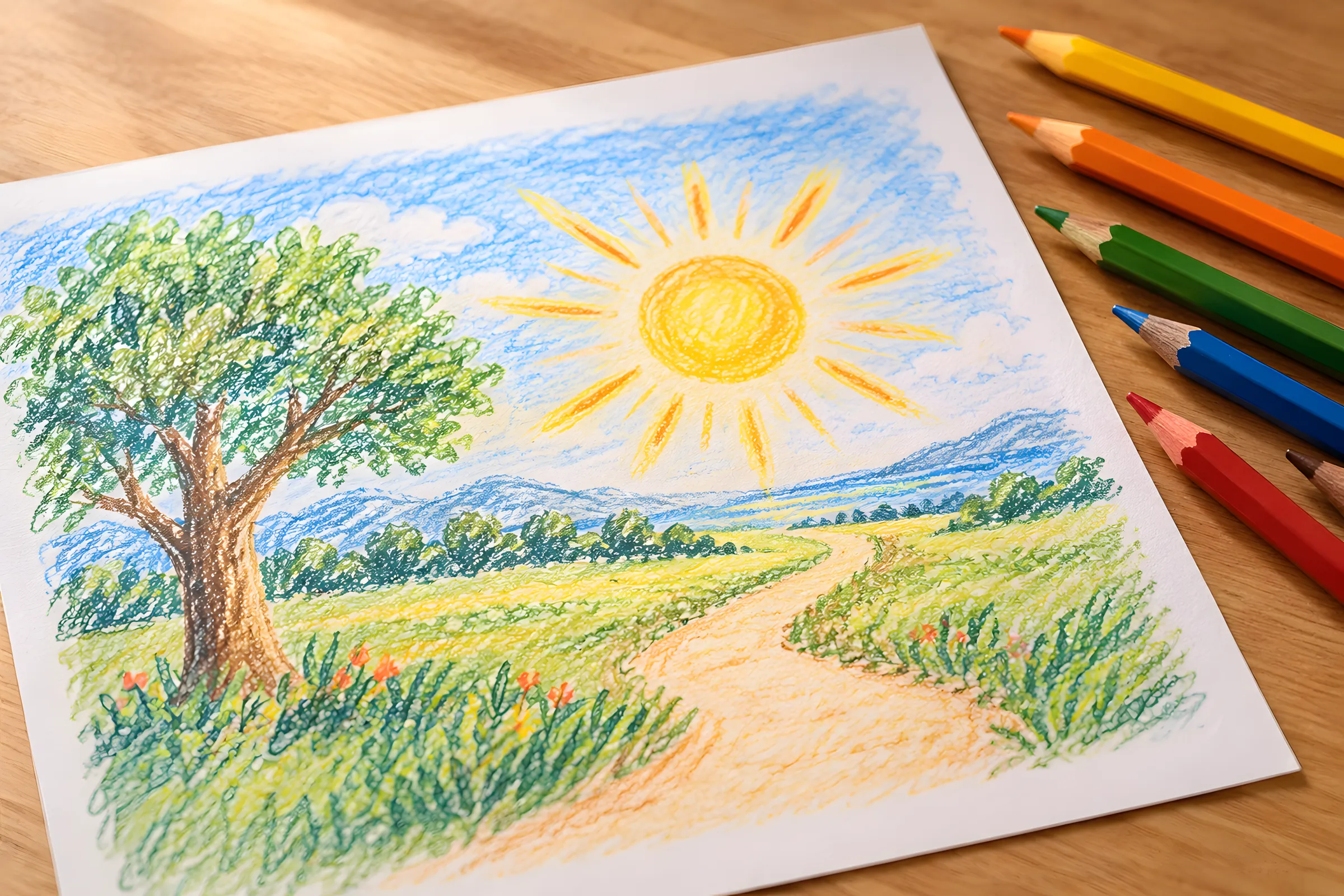 Eine einfache Buntstiftzeichnung mit einer Sonne, einem Weg und einem Baum.