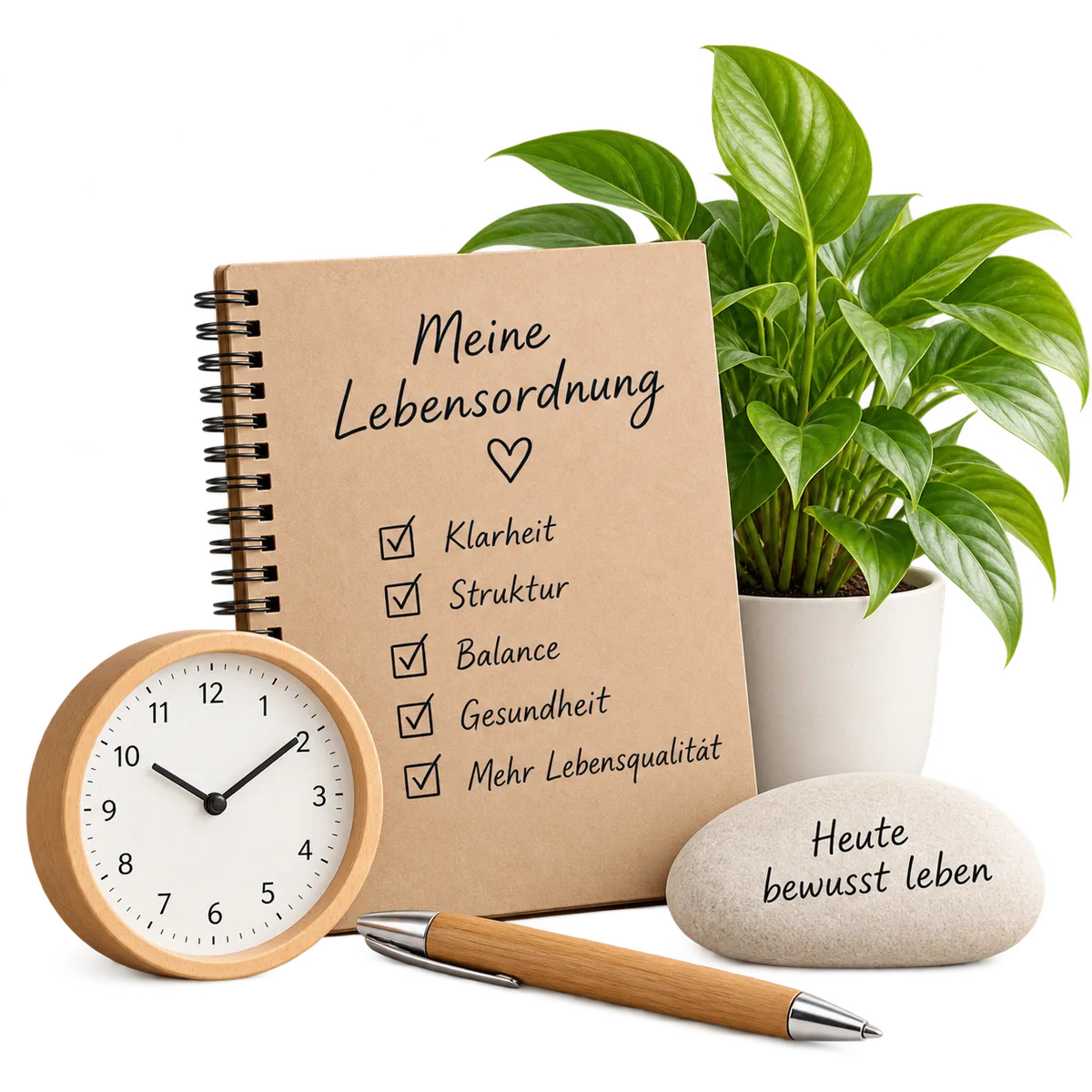Ein Tagesplan, eine Uhr, eine grüne Pflanze, ein Stift und ein Stein mit der Aufschrift „Heute bewusst leben“.
