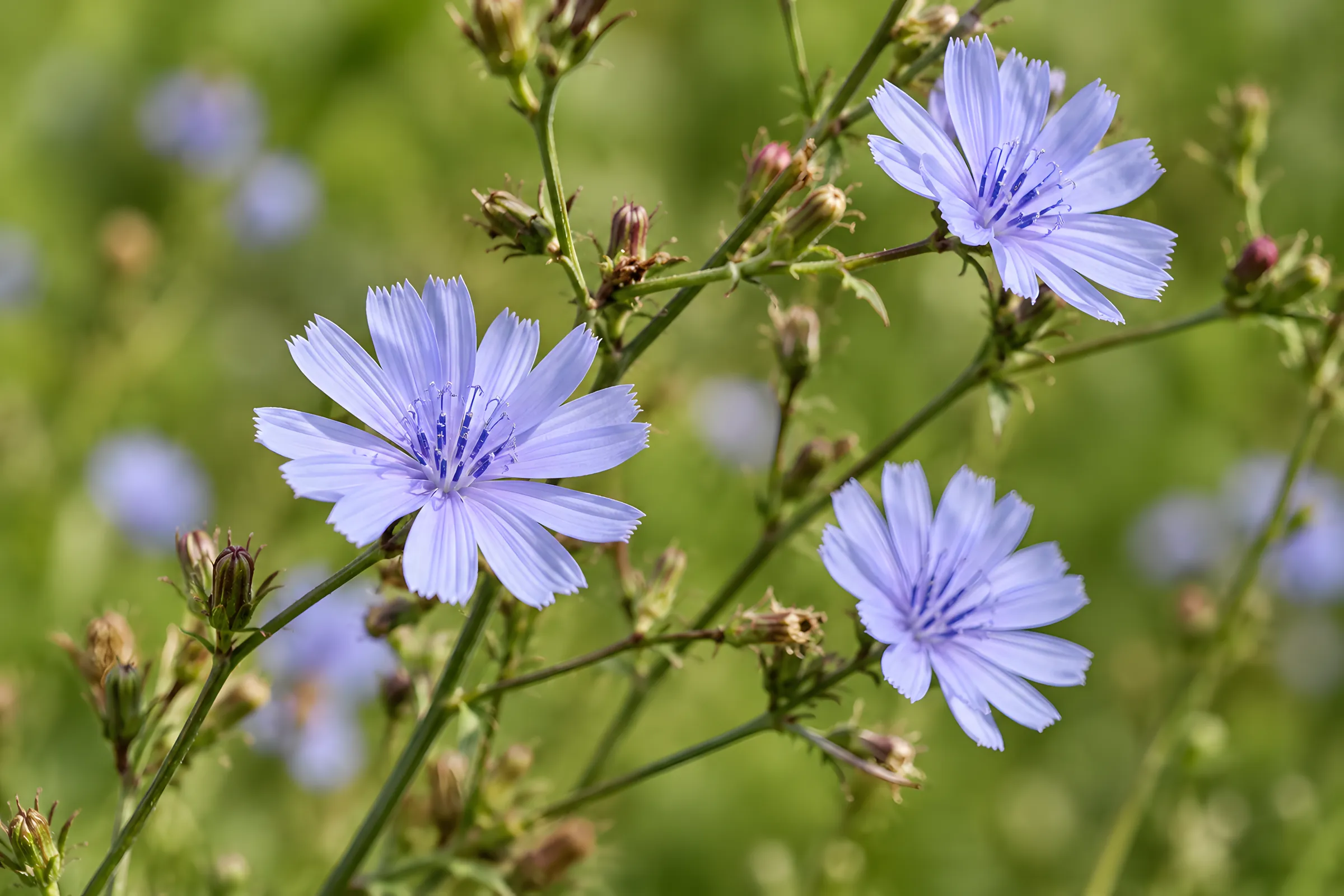 Hellblaue Blüten der Wegwarte auf einer Wiese, die Bachblüte Chicory.