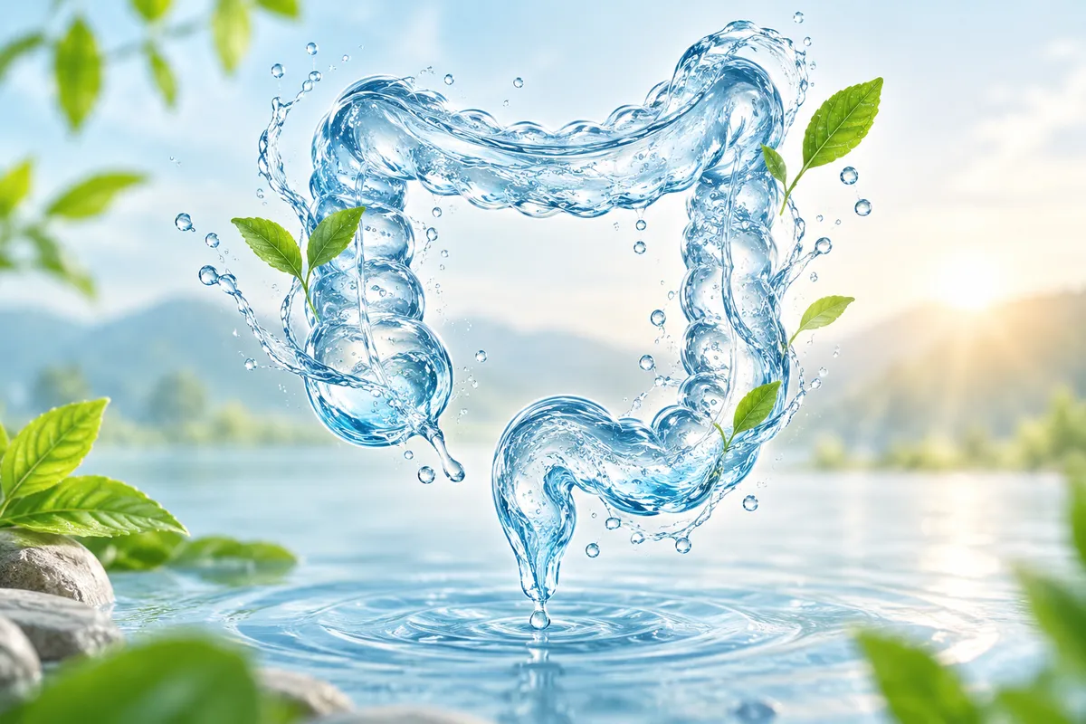 Symbolbild: ein aus Wasser geformter Dickdarm mit grünen Blättern über einer Wasseroberfläche.