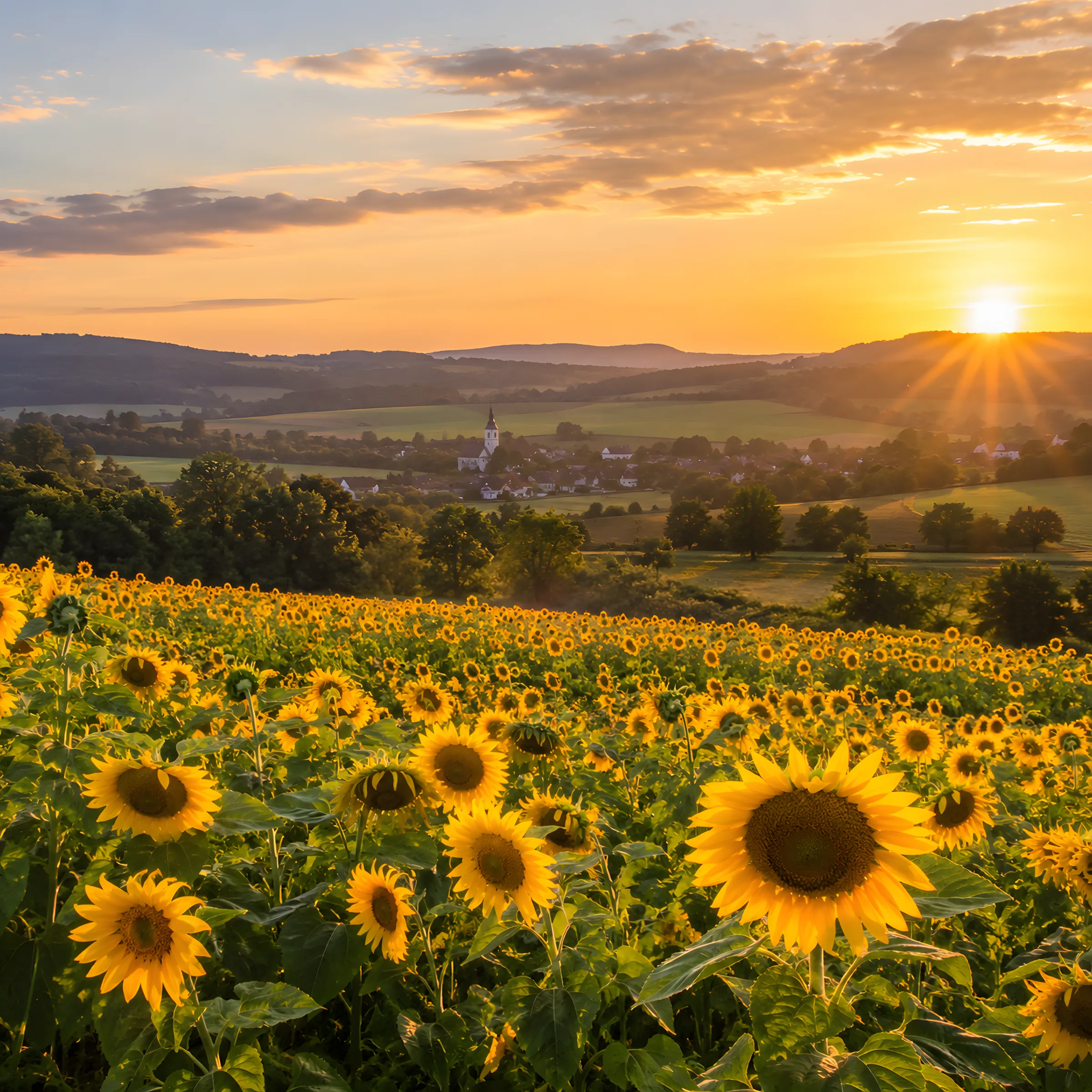 Sonnenblumenfeld im warmen Licht der untergehenden Sonne, mit sanften grünen Hügeln und einem kleinen Dorf im Hintergrund.