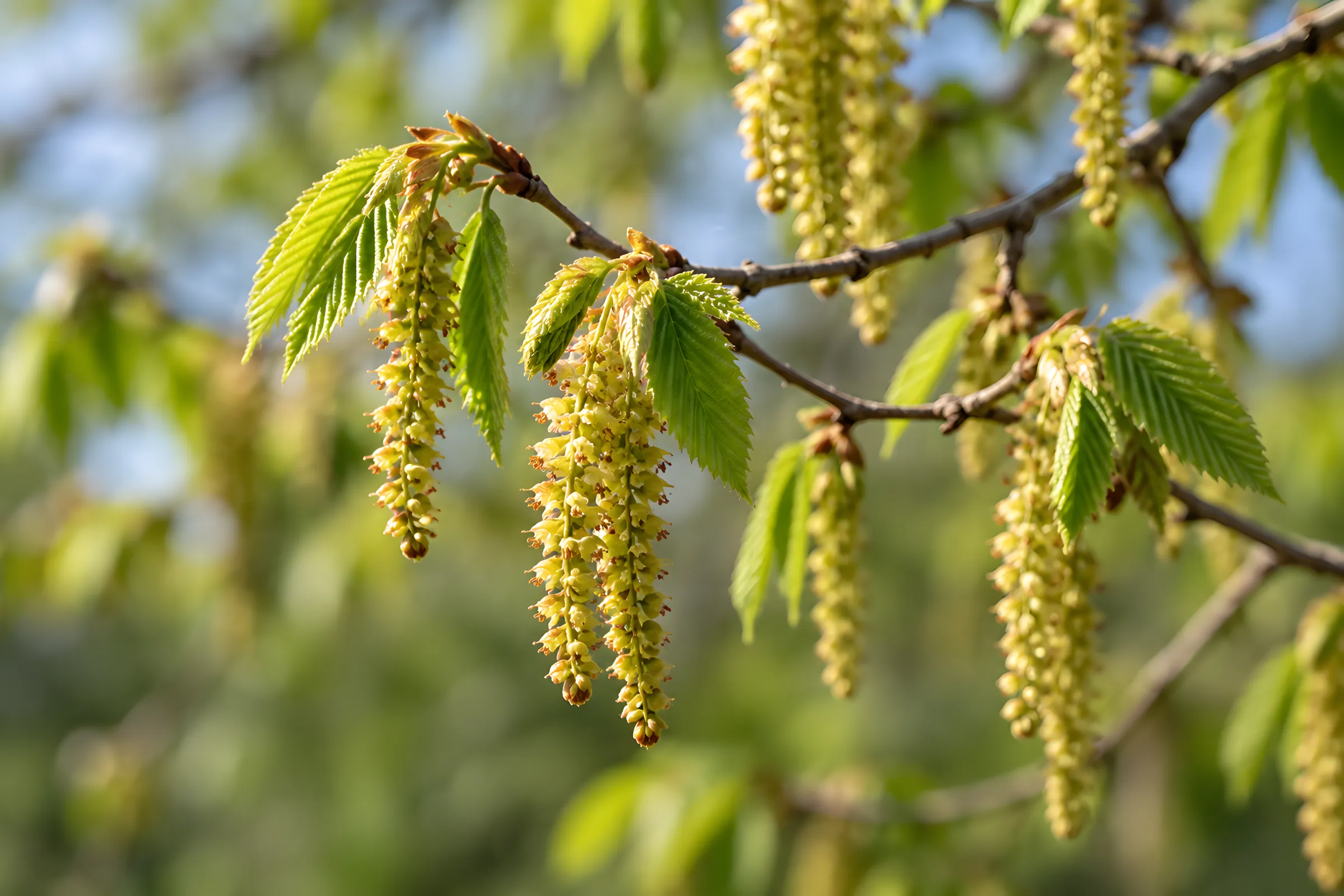 Blütenstände der Hainbuche an einem Zweig im Frühlingslicht, die Bachblüte Hornbeam.
