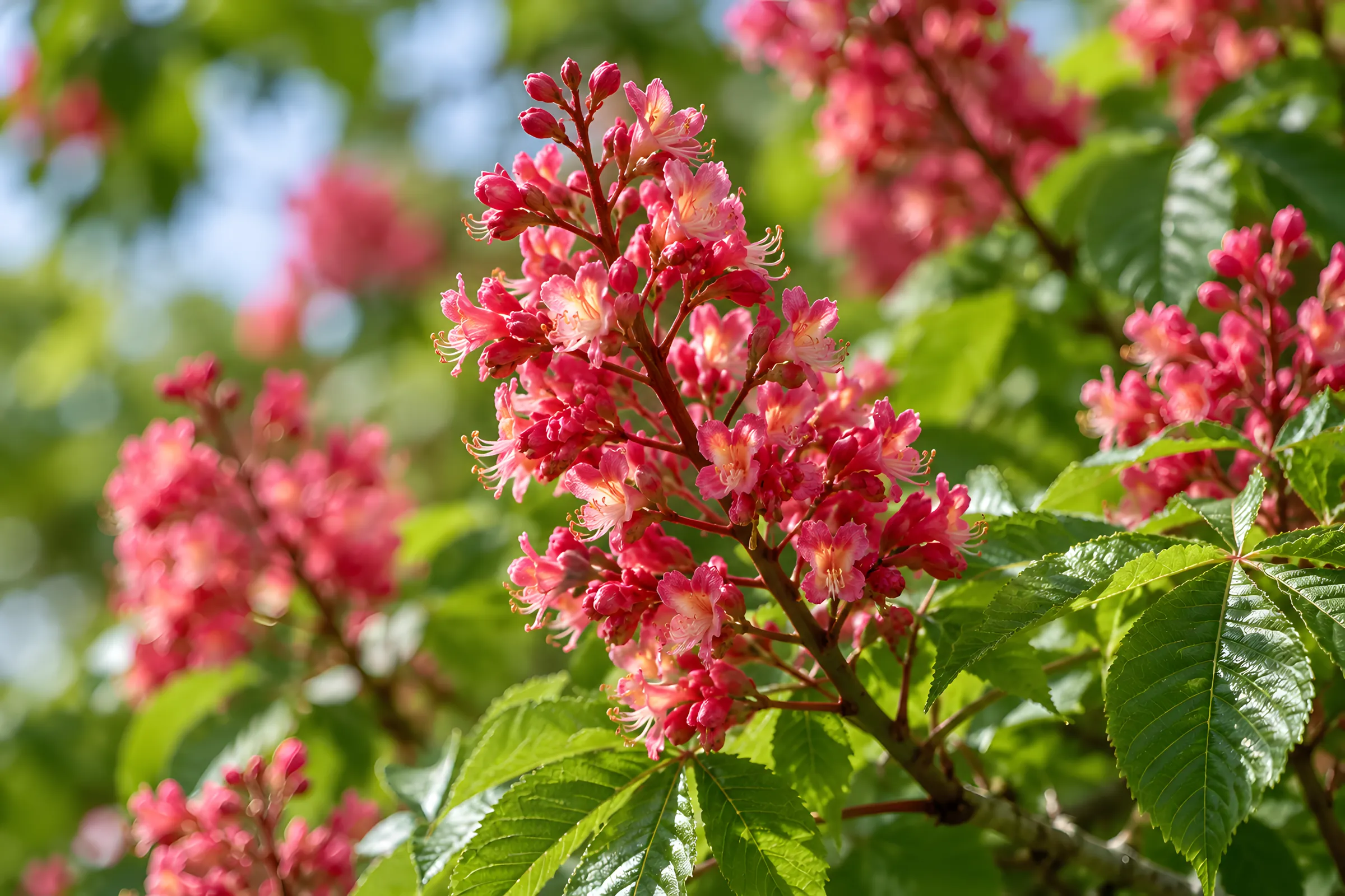 Rote Kastanienblüten an einem blühenden Baum im Sonnenlicht, die Bachblüte Red Chestnut.
