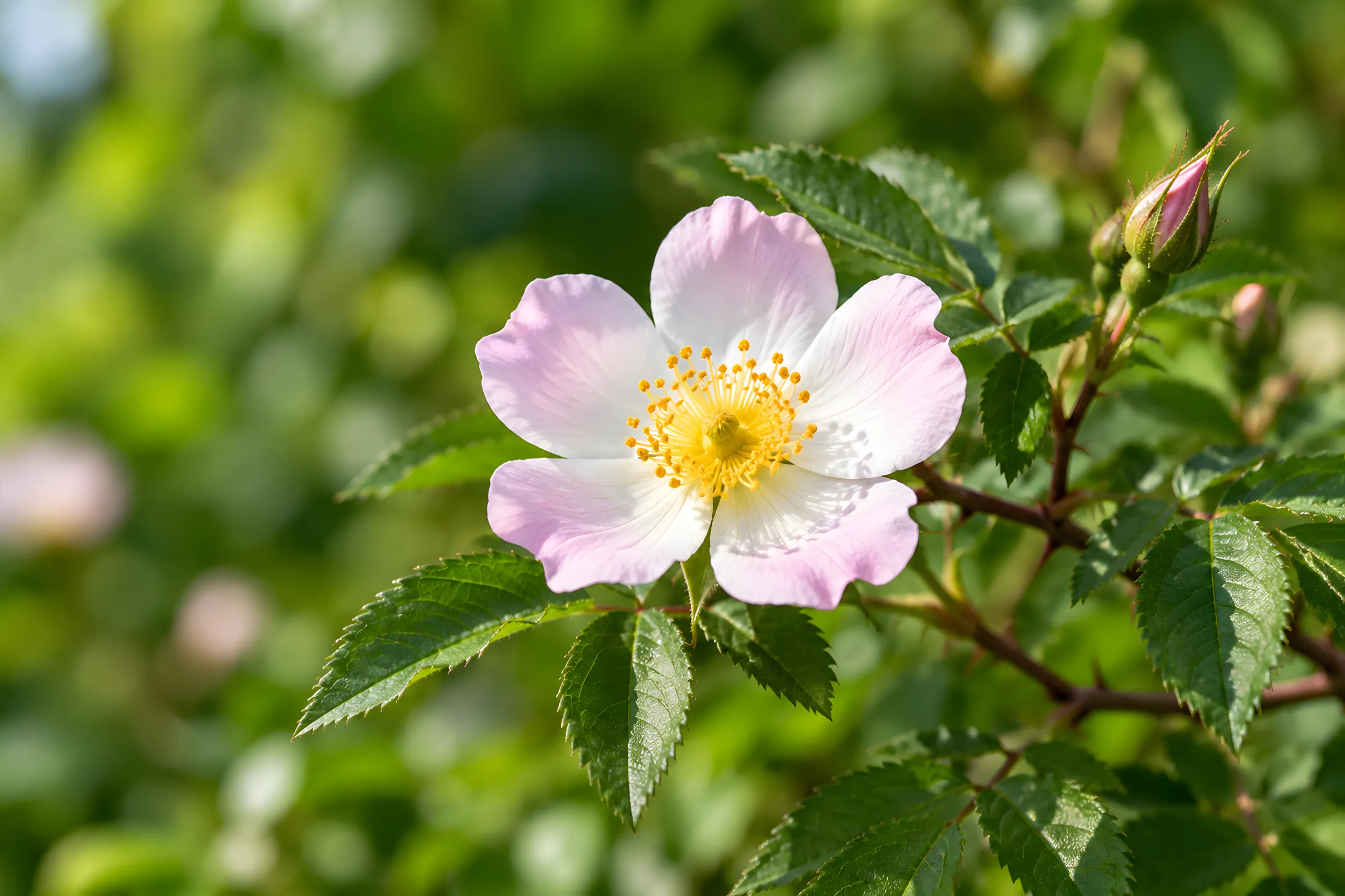 Zartrosa Wildrose mit gelber Mitte an einem grünen Zweig, die Bachblüte Wild Rose.