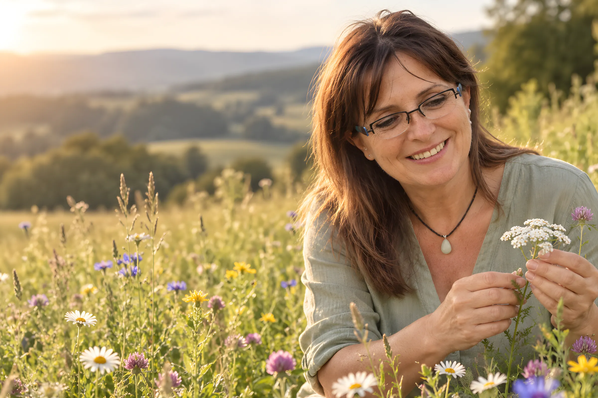 Raquel Reinert steht in einer Blumenwiese und betrachtet eine Wildblume in ihrer Hand.