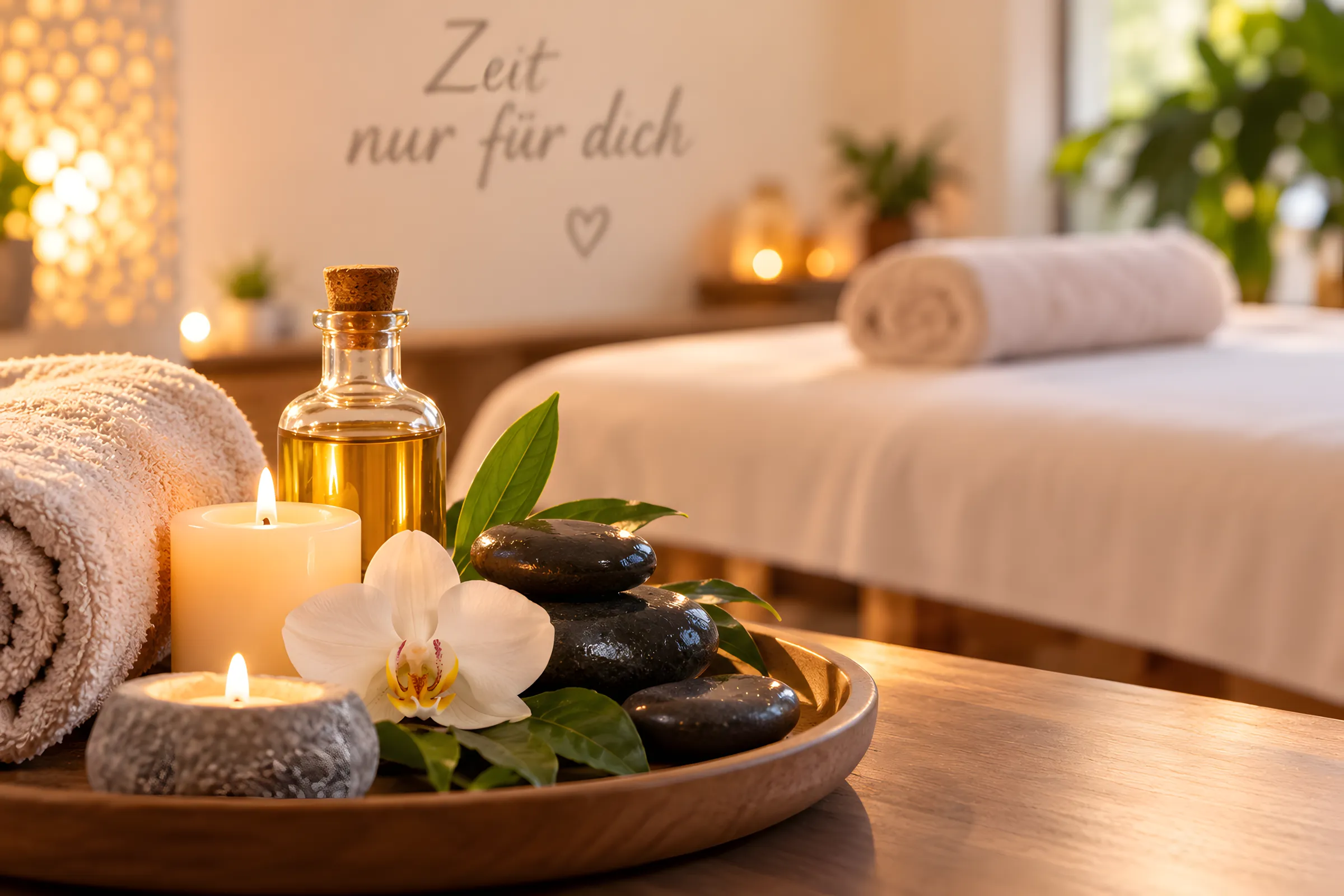 Kerzen, Handtücher, Massageöl und eine Blüte in entspannter Wohlfühlatmosphäre.