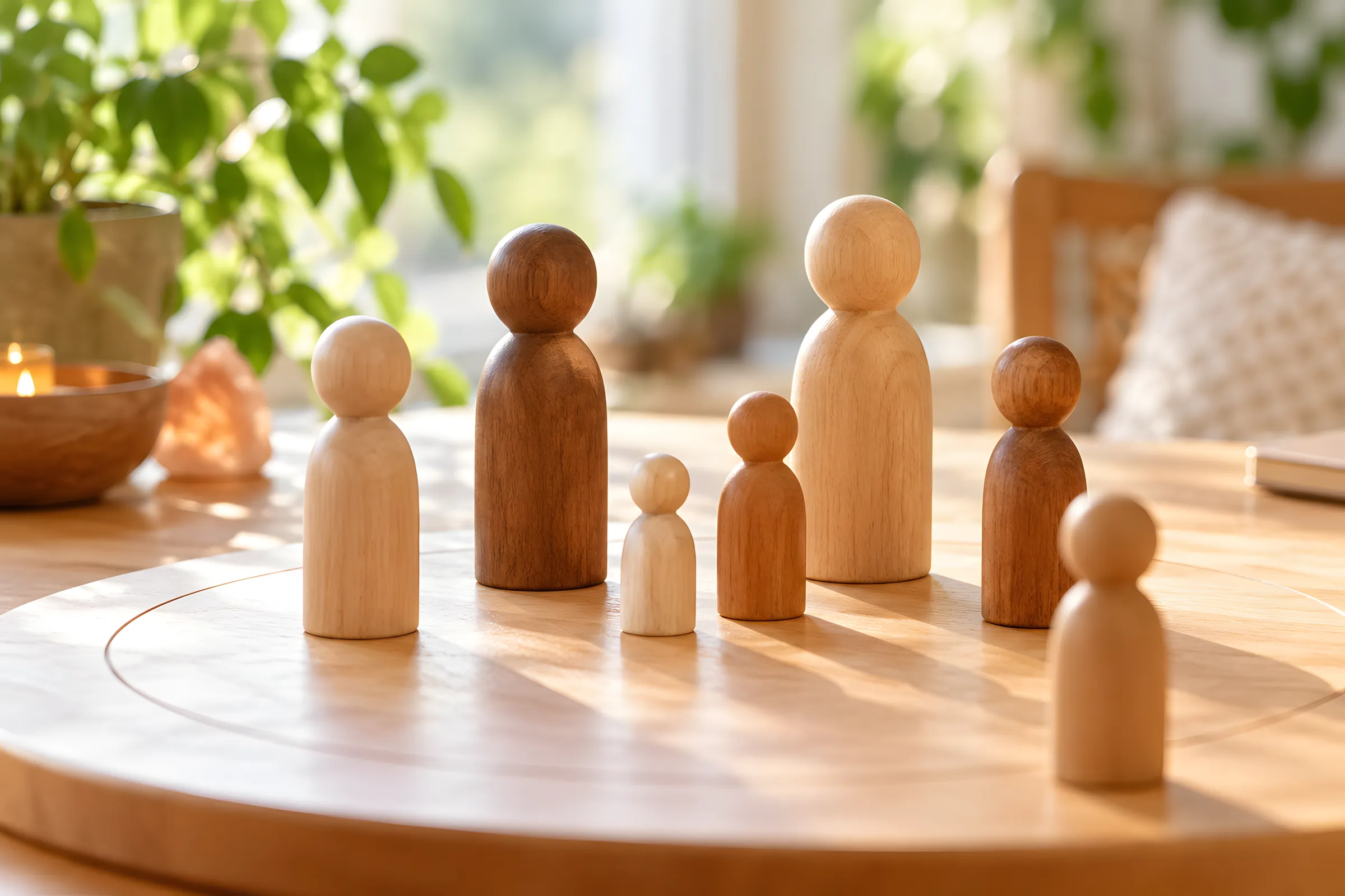 Holzfiguren in verschiedenen Größen auf einem Systembrett.