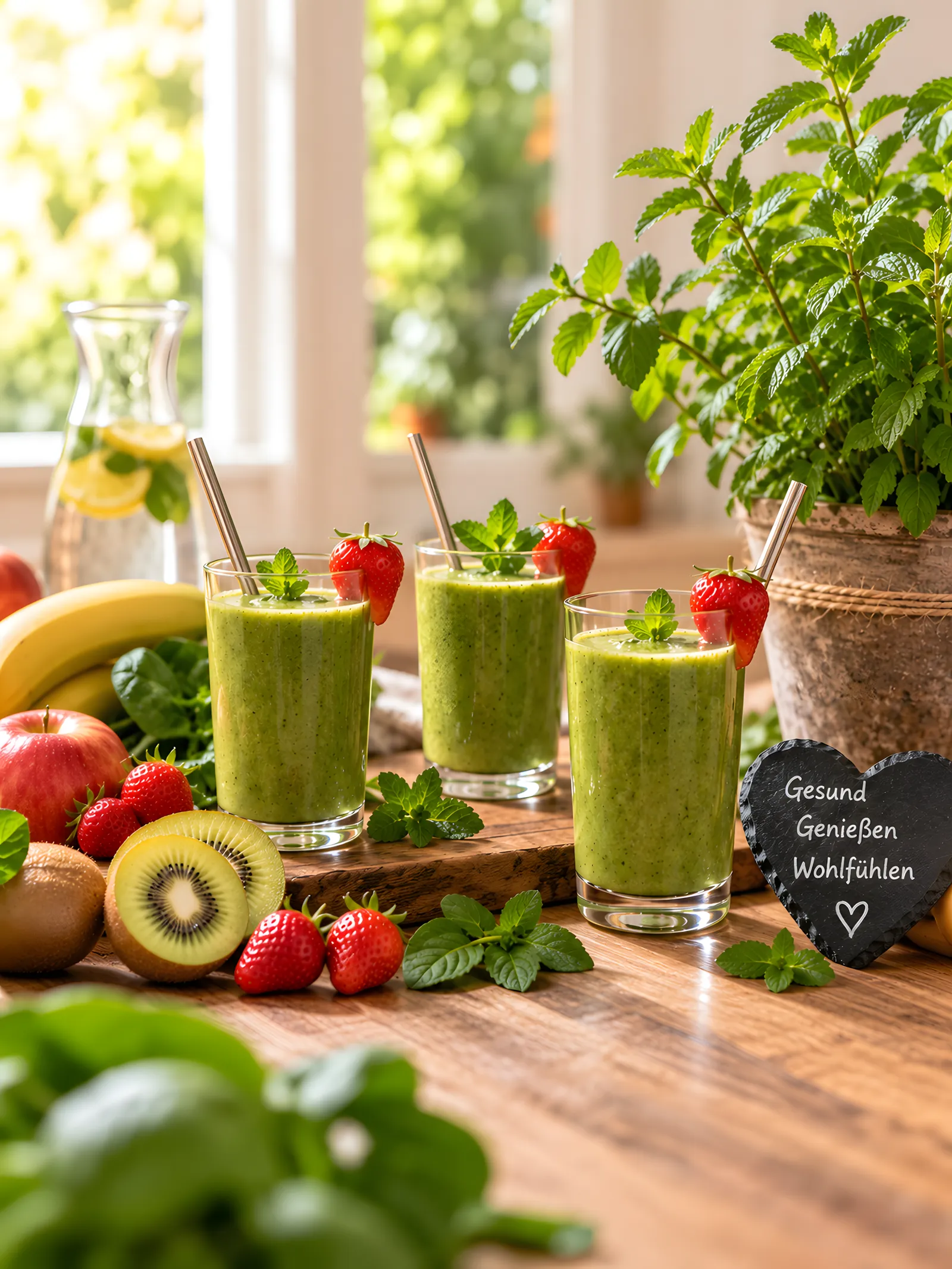 Drei grüne Smoothies mit frischem Obst, Kräutern und Minze.