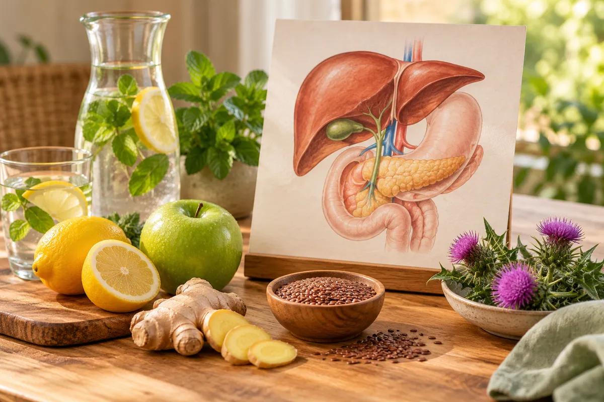 Anatomische Darstellung von Leber und Verdauungsorganen, umgeben von Zitronen, Apfel, Ingwer, Kräutern und Mariendistel.