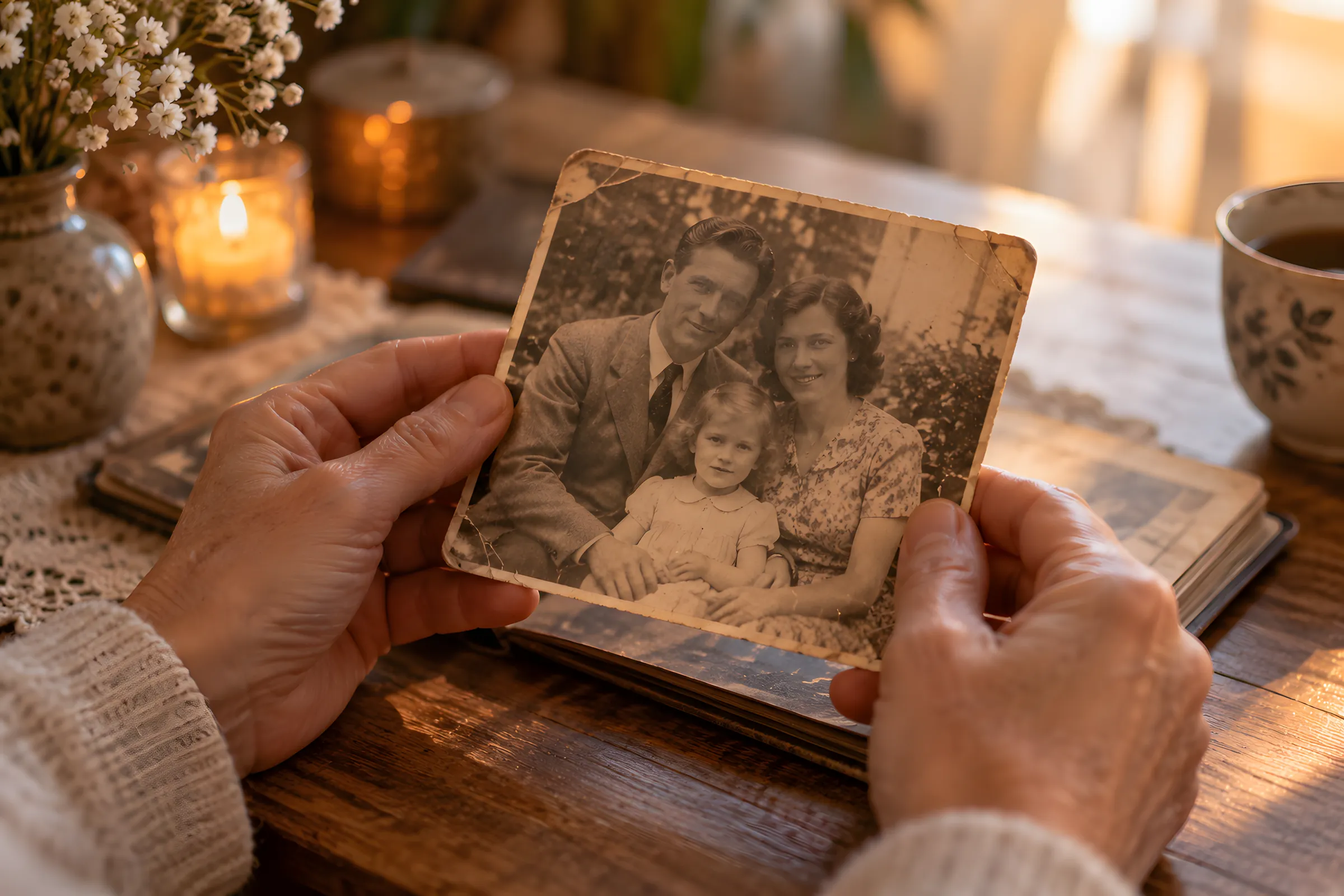 Zwei Hände halten ein altes Familienfoto.