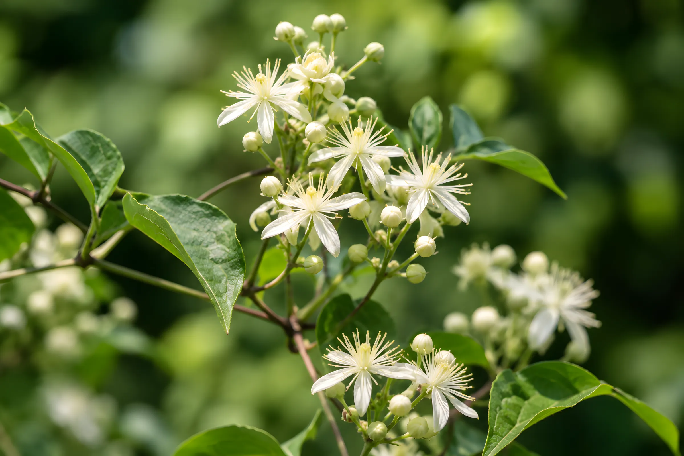 Weiße Blüten der Waldrebe an einer grünen Kletterpflanze, die Bachblüte Clematis.