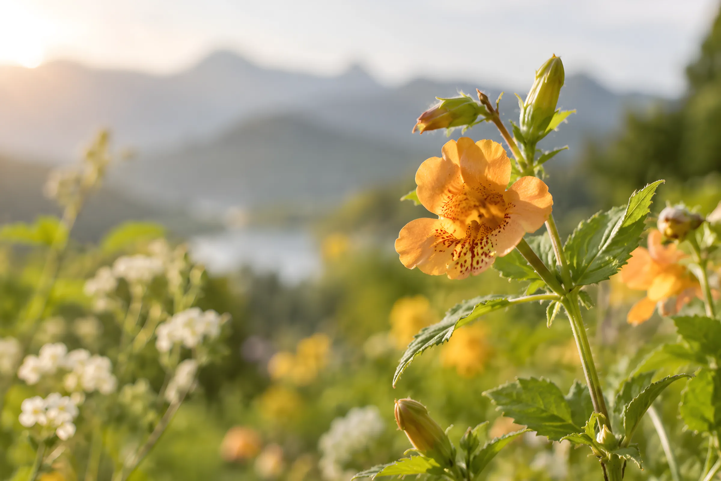 Eine orangefarbene Blüte in einer Bergwiese.