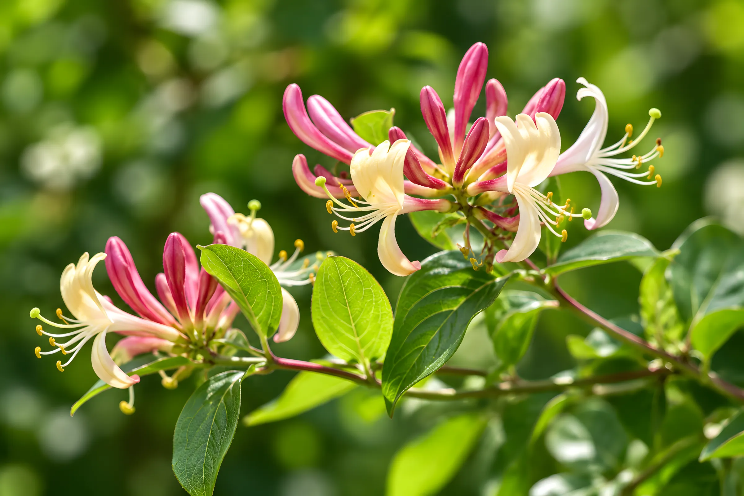 Rosa-gelbe Blüten des Geißblatts an einem grünen Zweig, die Bachblüte Honeysuckle.