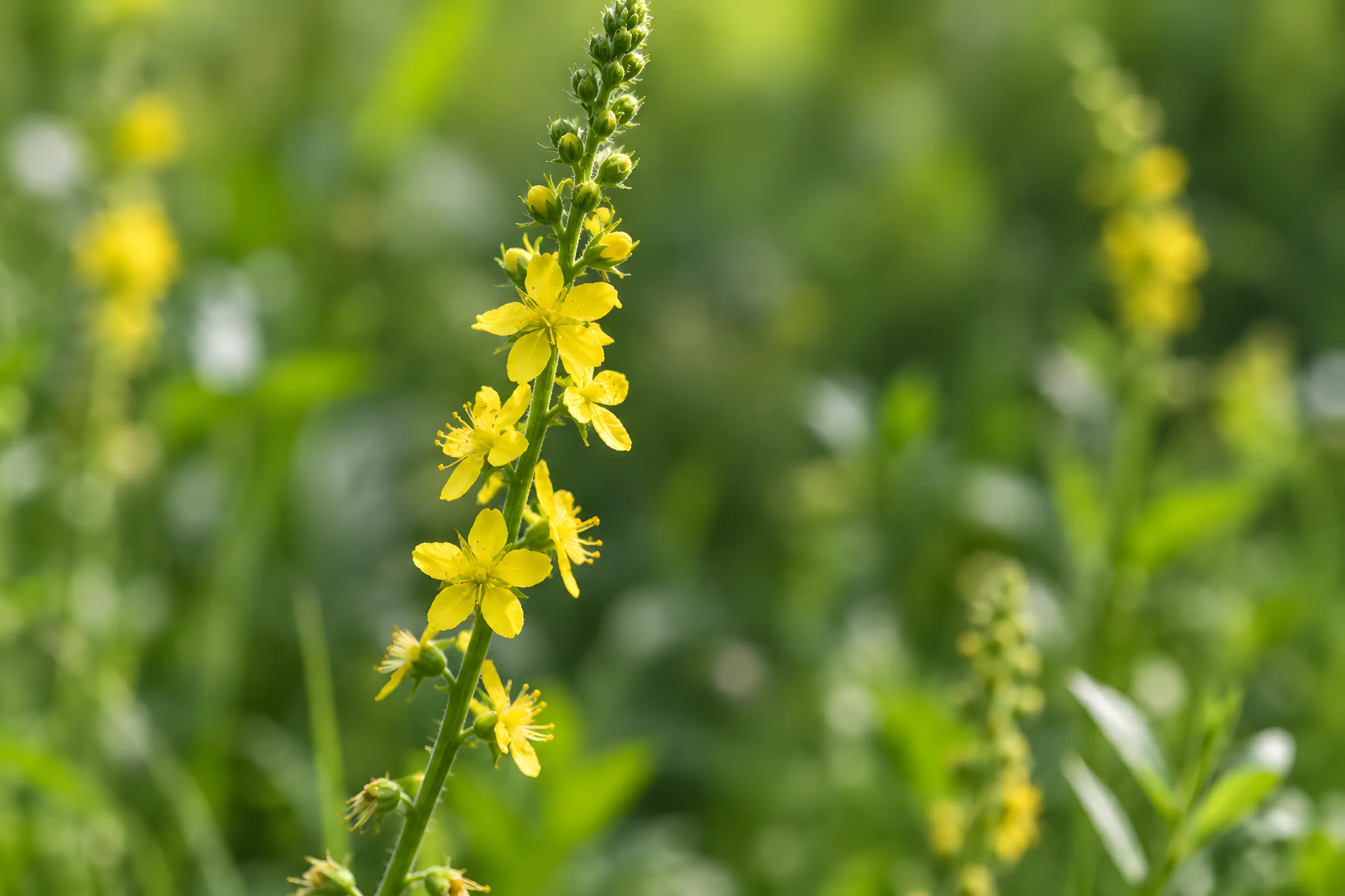 Gelb blühender Odermennig an einem aufrechten Blütenstand vor grünem Hintergrund, die Bachblüte Agrimony.